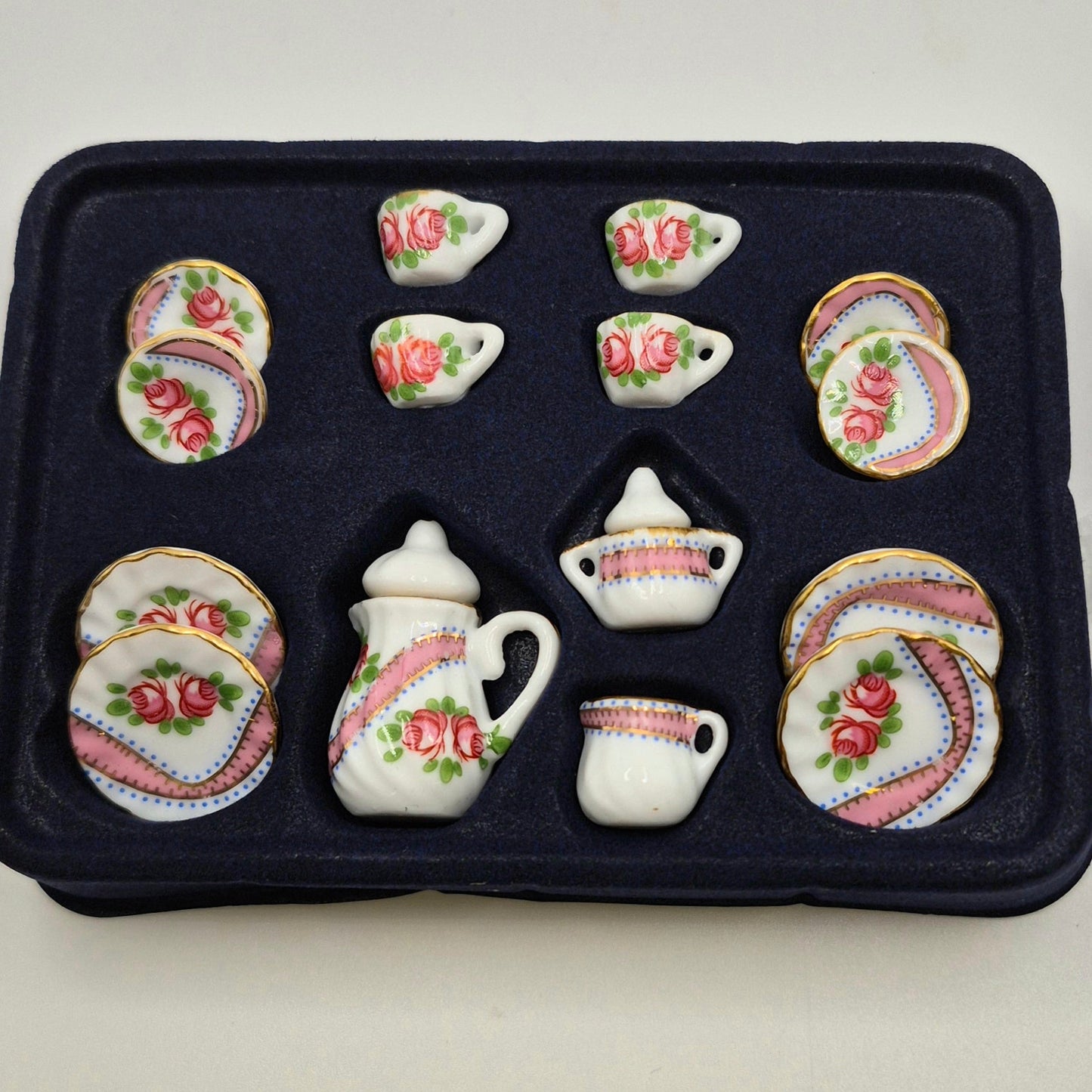 Ceramic Roses & Ribbon Tea Set - 17 Pieces - 1/12 Scale Dollhouse Miniature