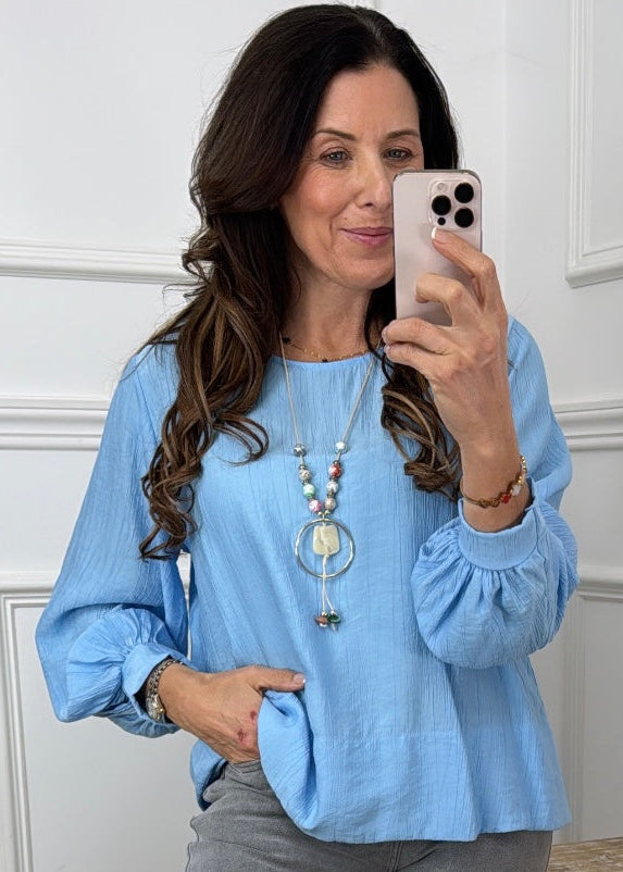 Rebel Blue Textured Blouse With Necklace
