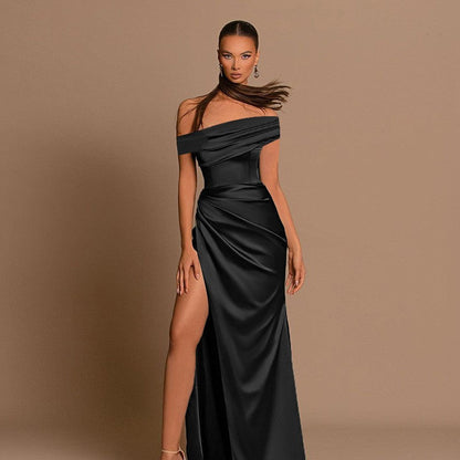Elegant Off Shoulder Satin Slit Dress, Wedding Extra Long Formal Gown, Christmas Party Dress, Bridesmaid Dress