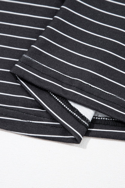 Black Stripe Ruffled Short Sleeve Crew Neck T Shirt Shift Mini Dress