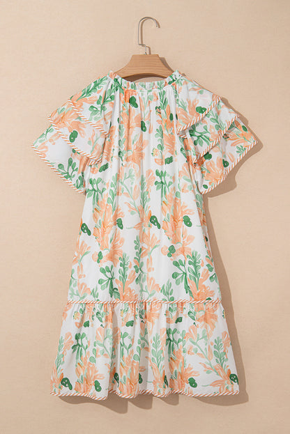 Orange Floral Contrast Edge Layered Short Sleeve Mini Dress
