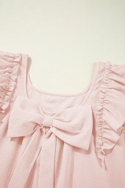 Light Pink Textured Flutter Sleeve Square Neck Bow Back Mini Dress