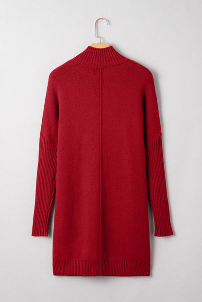 Chestnut Ribbed High Neck Front Pockets Center Seam Shift Sweater Dress