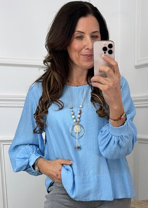 Rebel Blue Textured Blouse With Necklace