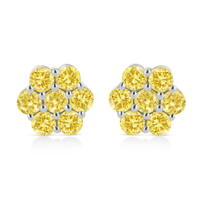 .925 Sterling Silver 1/4 Cttw Treated Yellow Diamond Floral Stud Earrings (Yellow Color, I1-I2 Clarity)