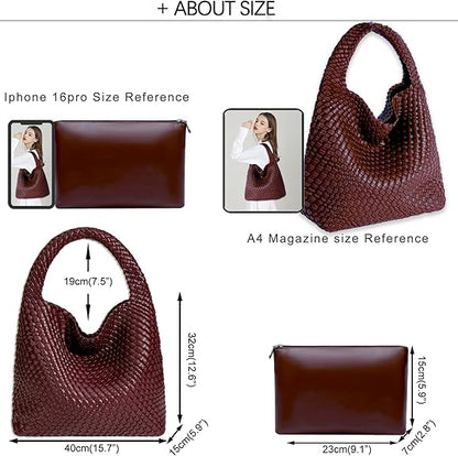 Women Vegan Leather Hand-Woven Tote Handbag Fashion Shoulder Top-handle Bag All-Match Underarm Bag with Purse