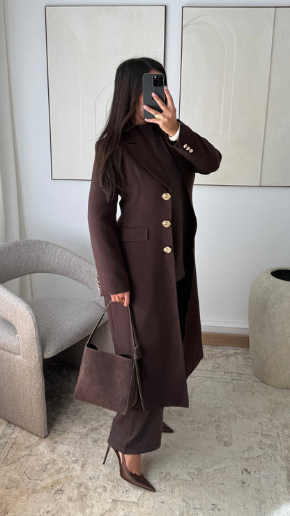 Manteau Long Cintre A Boutons Dores Azalees I Chocolat