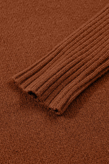 Chestnut Ribbed High Neck Front Pockets Center Seam Shift Sweater Dress