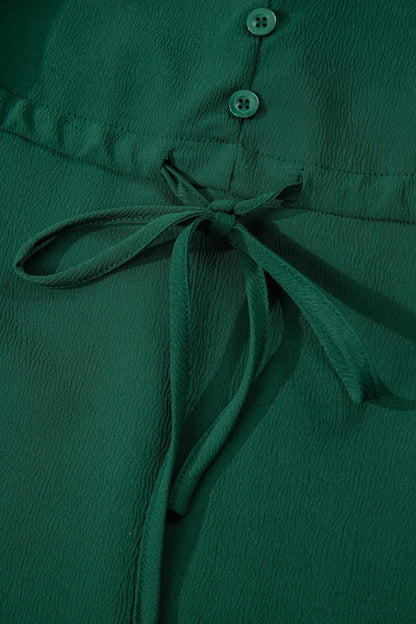 Blackish Green Solid Long Sleeve Button V Neck Tiered Maxi Dress