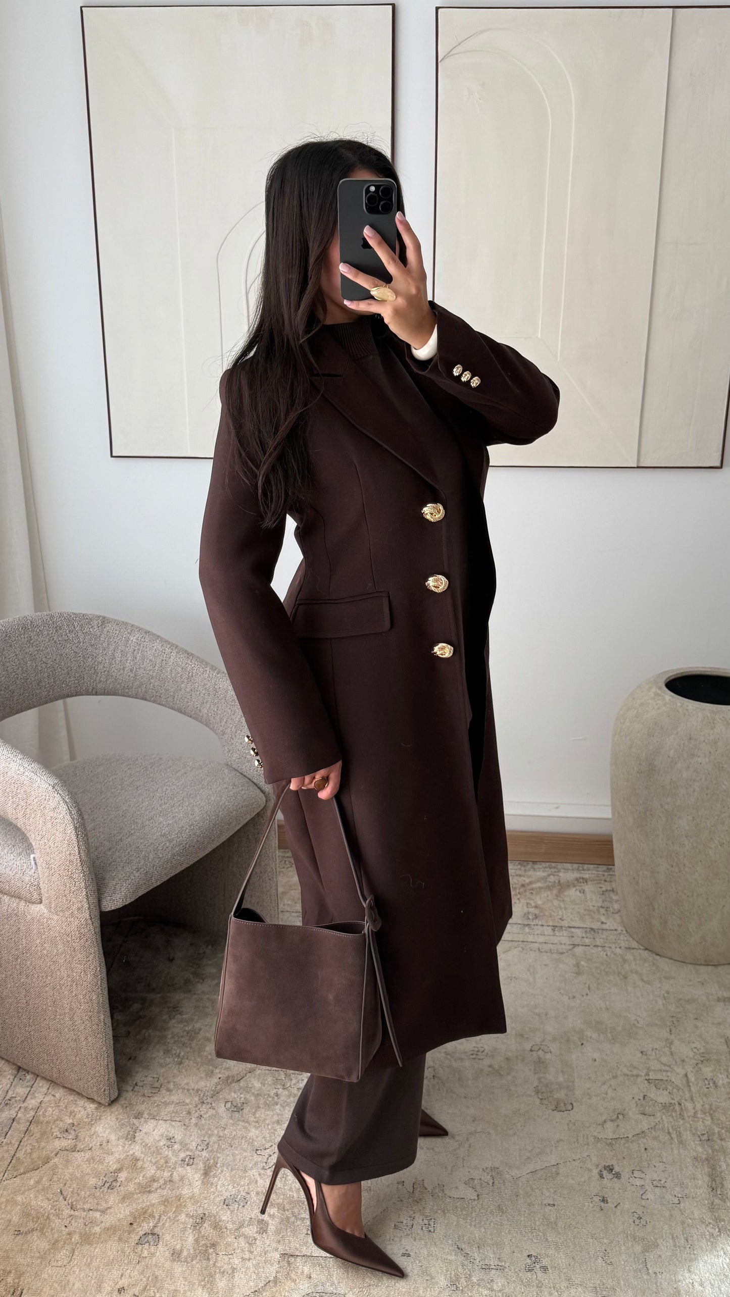 Manteau Long Cintre A Boutons Dores Azalees I Chocolat