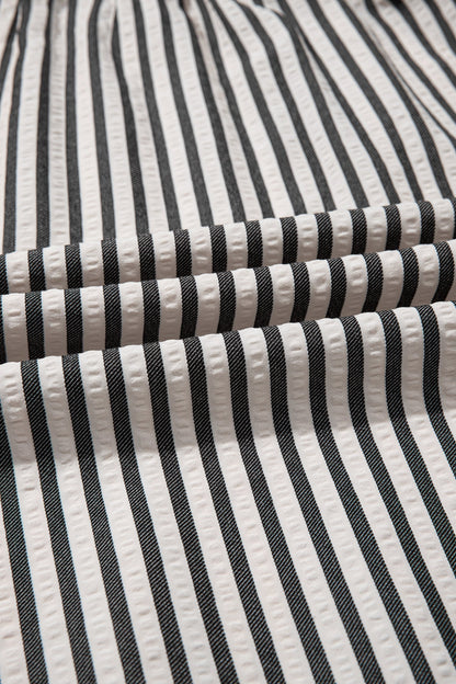 Black Stripe Scallop Trim Shirt Collar Half Button 3/4 Sleeve Long Dress