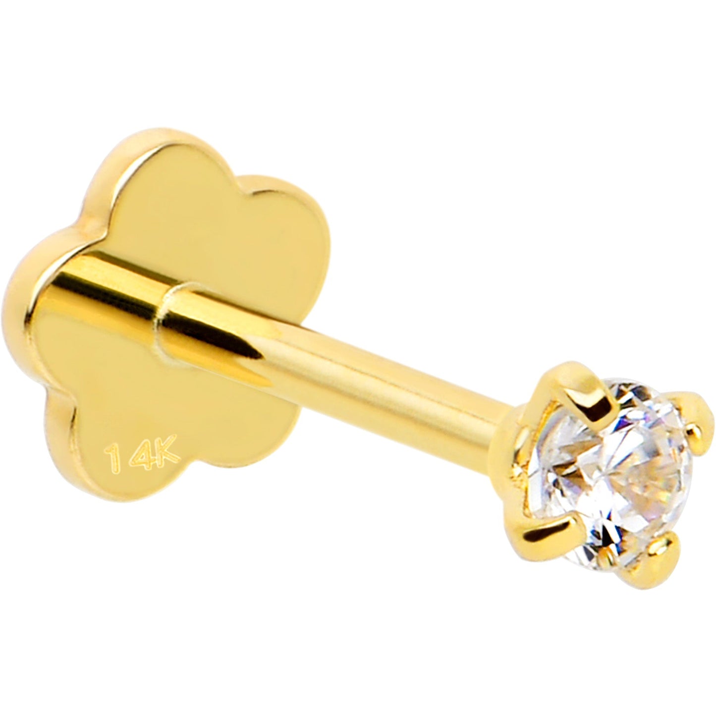 14k Yellow Gold Flat Back Earring 20G 2mm CZ Floral Reversible