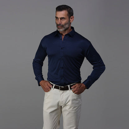Quattro Flex Dress Shirt with Semi-Spread Collar Navy