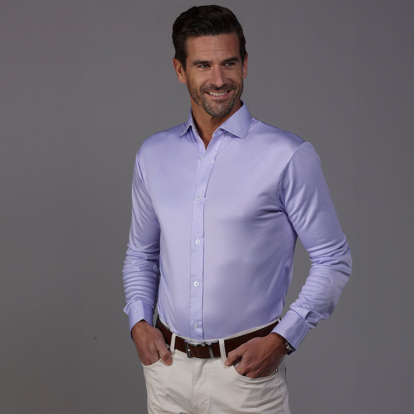 Quattro Flex Dress Shirt with Semi-Spread Collar Lavender Houndstooth