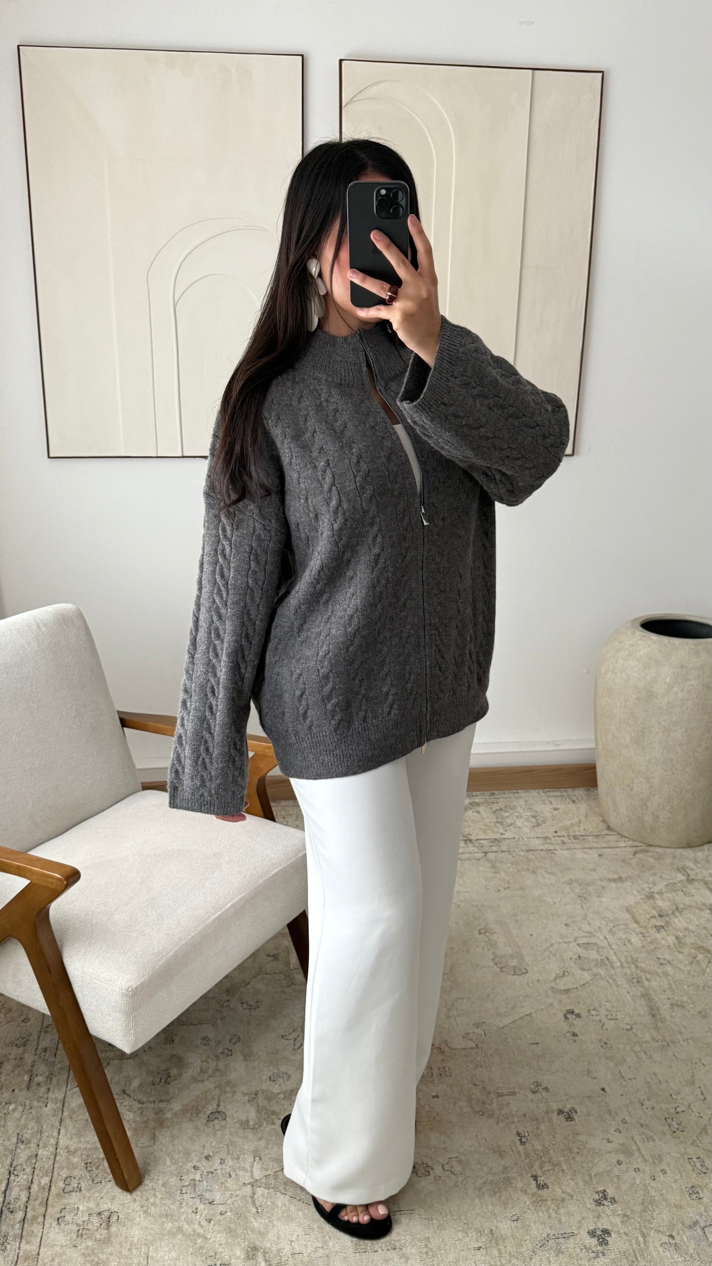 Gilet A Zip Grosse Maille Torsade I Gris 1