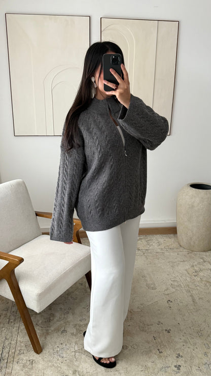 Gilet A Zip Grosse Maille Torsade I Gris 1