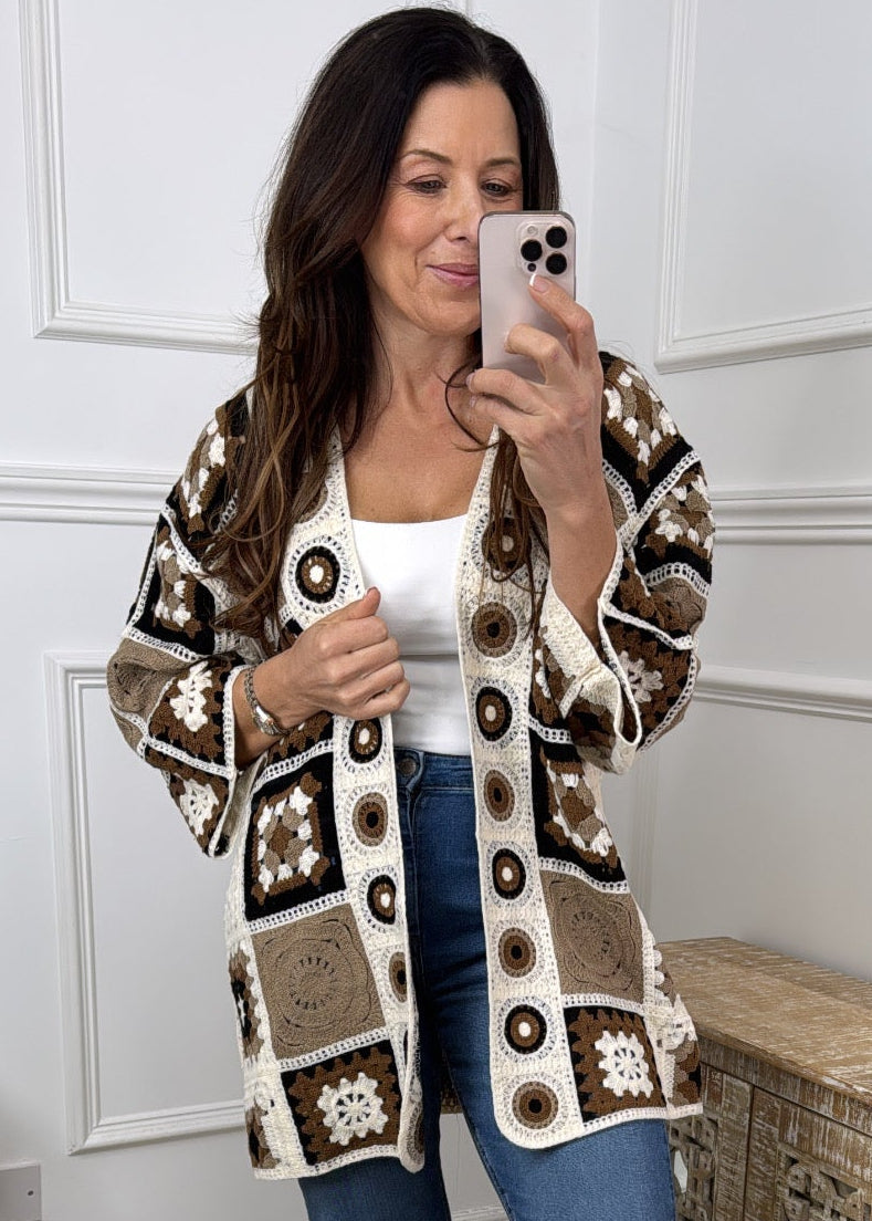 Alana Brown Crochet Knit Longline Cardi