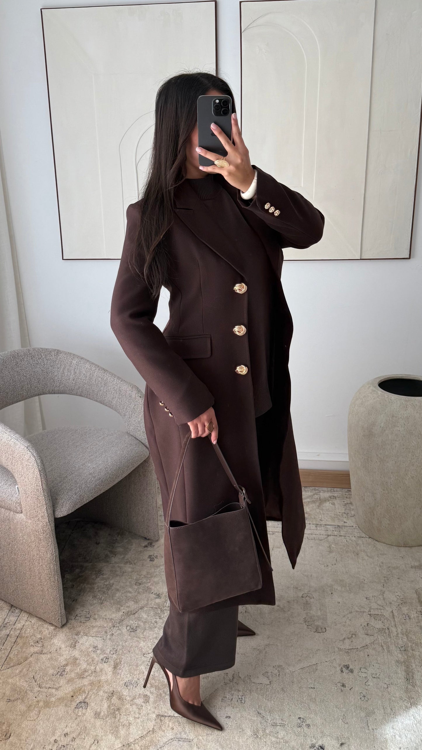 Manteau Long Cintre A Boutons Dores Azalees I Chocolat