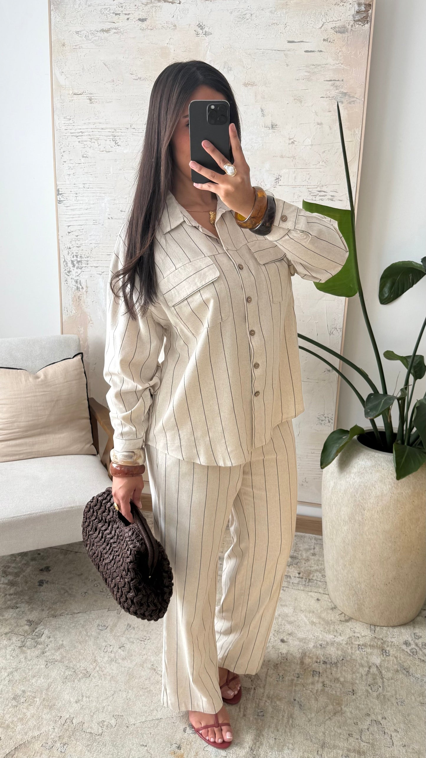 Chemise à rayures en lin I Beige