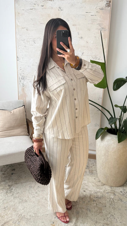 Chemise à rayures en lin I Beige