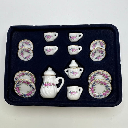 Ceramic Pink and Purple Flowers Tea Set - 17 Pieces - 1/12 Scale Dollhouse Miniature
