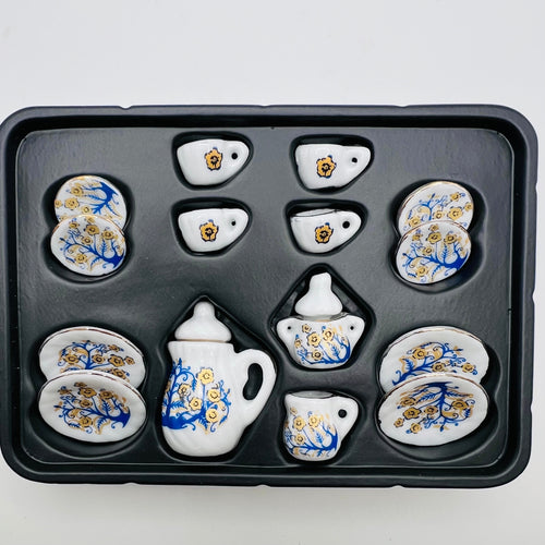 Ceramic Blue/Gold Pattern Tea Set - 17 Pieces - 1/12 Scale Dollhouse Miniature