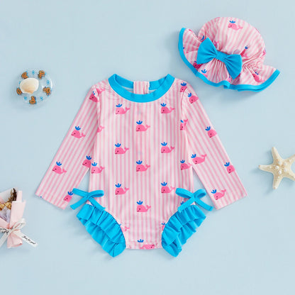 WHALES Striped Swimsuit with Sun Hat