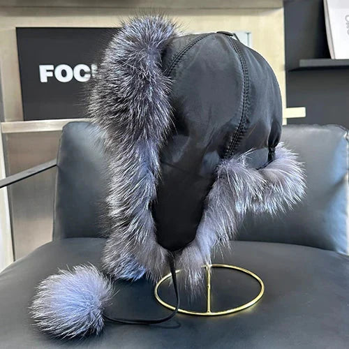 2025 100% Real Fox Fur Hats Women's Russian Ushanka Aviator Trapper Snow Skiing Hat Caps Earflap Winter Raccoon Fur Bomber Hat