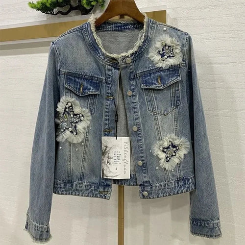 2026 Spring Fringed Denim Jacket For women Autumn New Heavy industry Nail bead Denim Top Female Short Outwear