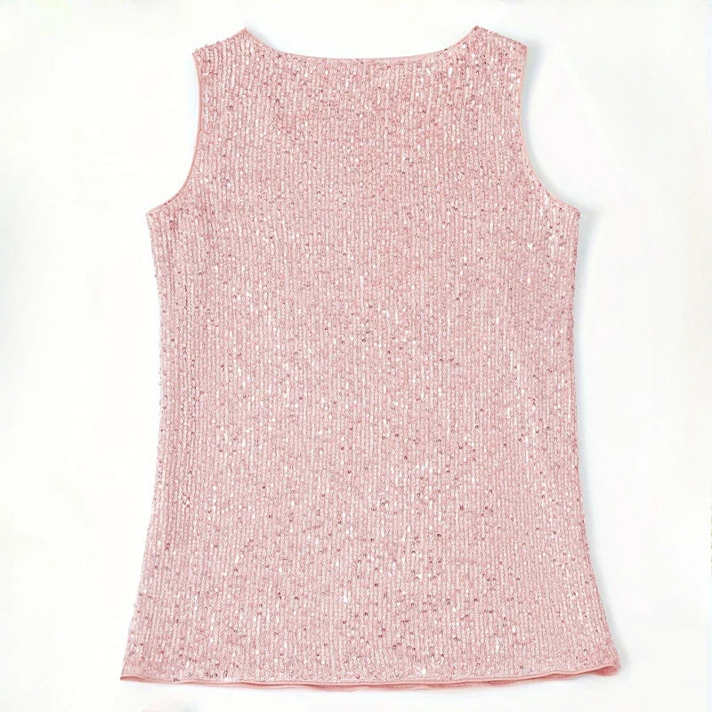 Women‘s Summer Fashion Deep V Neck Sequined Tank Top Stylish Sleeveless Polyester Top Sparkly Club Party Vest Blouses