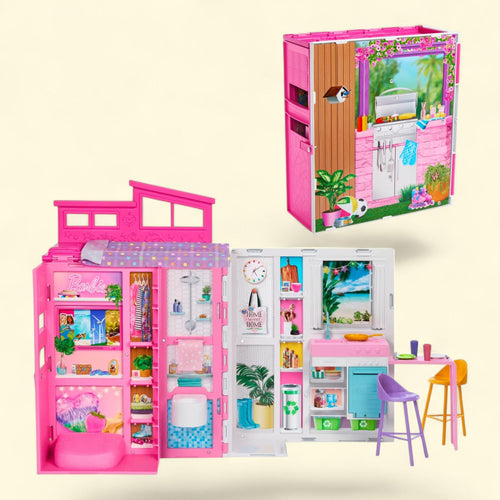 Barbie Getaway House, Doll House Playset, 360-Play, 4 Play Areas, 2 Chairs, Accessories