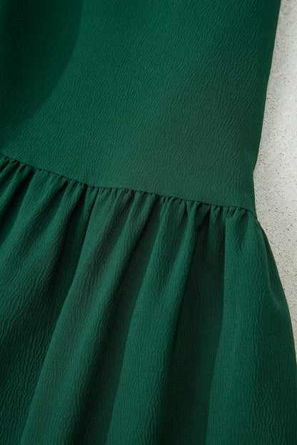 Blackish Green Solid Long Sleeve Button V Neck Tiered Maxi Dress