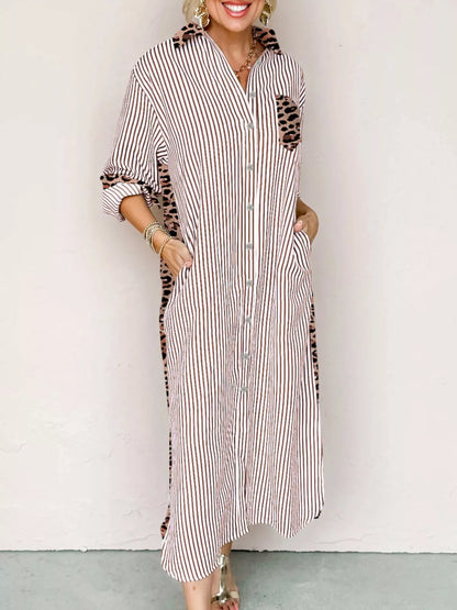 Striped Leopard Print Button Up Shirt Dress