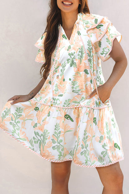 Orange Floral Contrast Edge Layered Short Sleeve Mini Dress