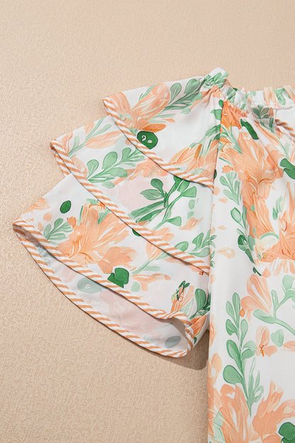 Orange Floral Contrast Edge Layered Short Sleeve Mini Dress