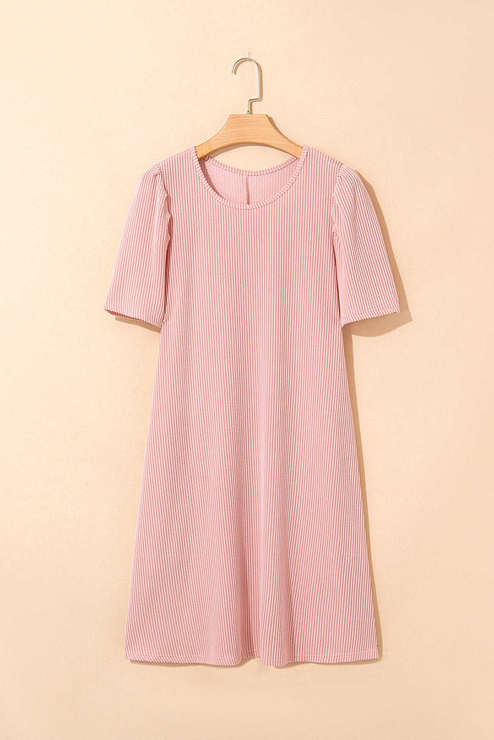 Blossom Corded Knit Crew Neck Puff Sleeve Shift Mini Dress